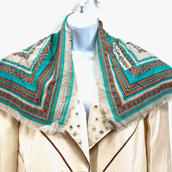 Vintage Yves Saint Laurent YSL scarf   cotton/ silk  31 Green gray red dott(25) - Picture 6 of 10